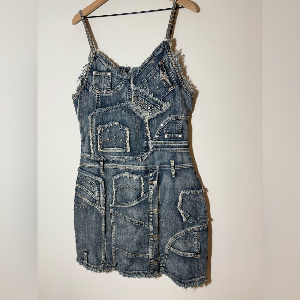 Deadstock Vtg 90s Y2K Platinum Plush Denim Patchwork Studded Jean Mini Dress - Picture 5 of 10